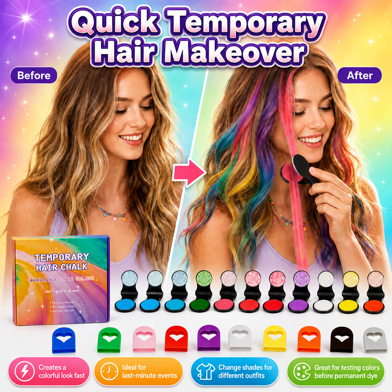 🔥50% OFF🌈12-Color Temporary Hair Chalk Applicator Set