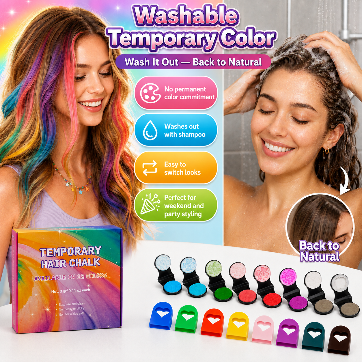 🔥50% OFF🌈12-Color Temporary Hair Chalk Applicator Set