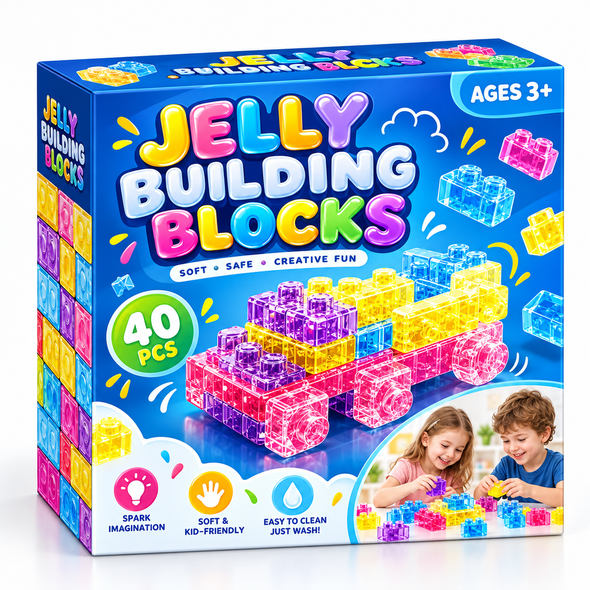 🧩 Soft Jelly Blocks – Squishy, Stretchable Bath Toys (40PCS)
