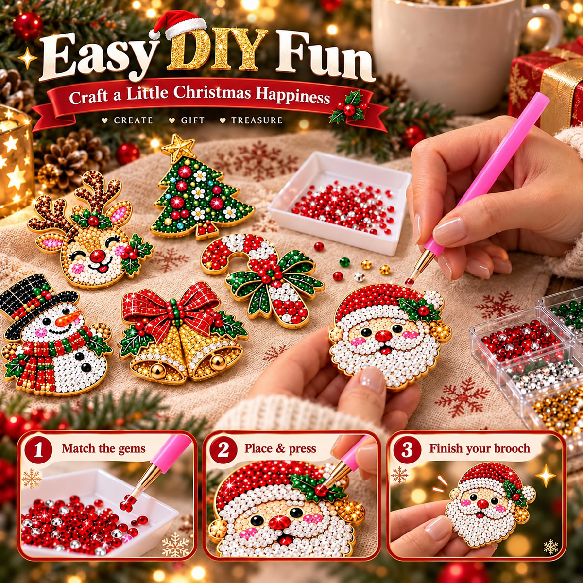 🎄Beginner-Friendly Christmas Diamond Painting Brooch DIY Kit | 6 Festive Designs with Sparkling Gems & Pin Backs 💎