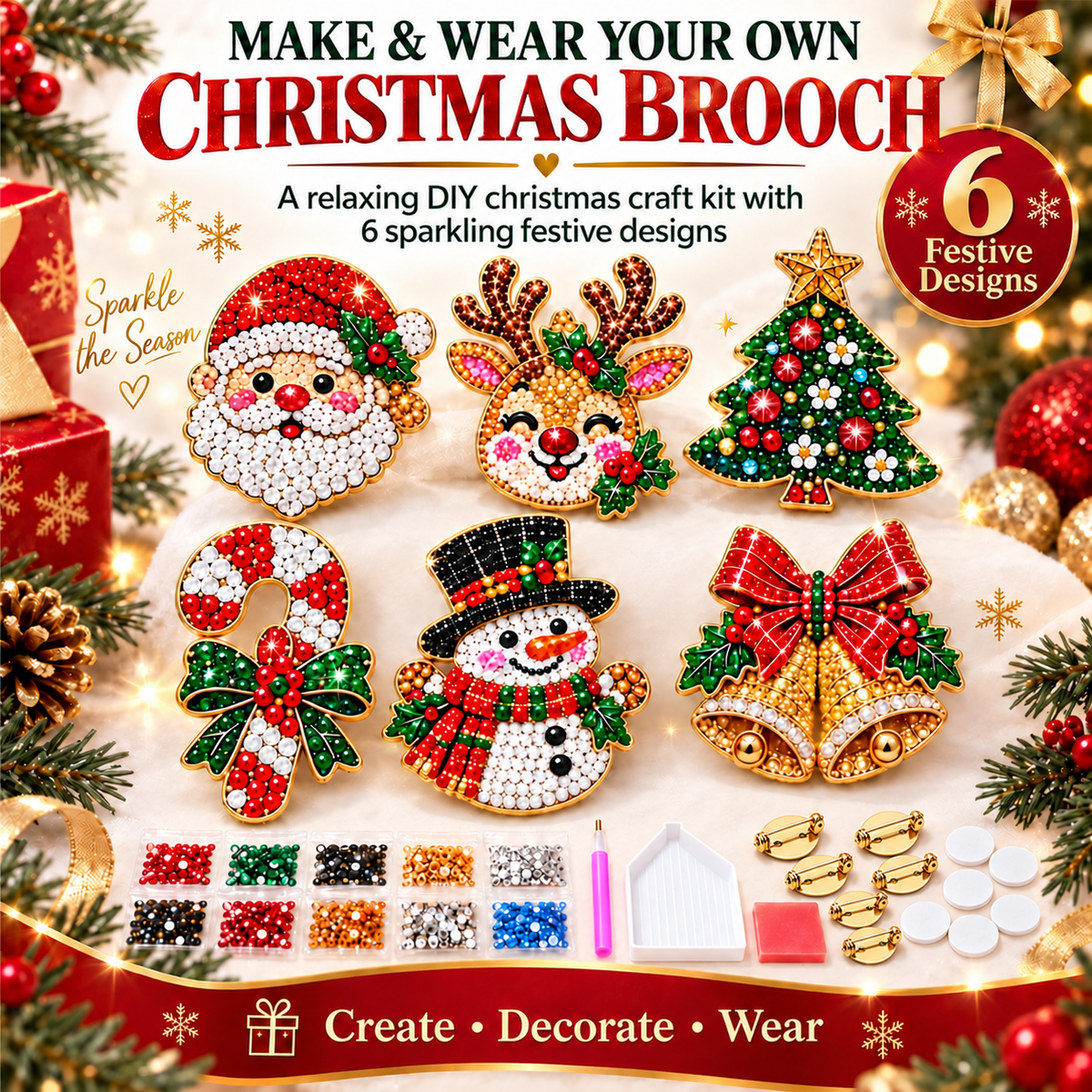 🎄Beginner-Friendly Christmas Diamond Painting Brooch DIY Kit | 6 Festive Designs with Sparkling Gems & Pin Backs 💎
