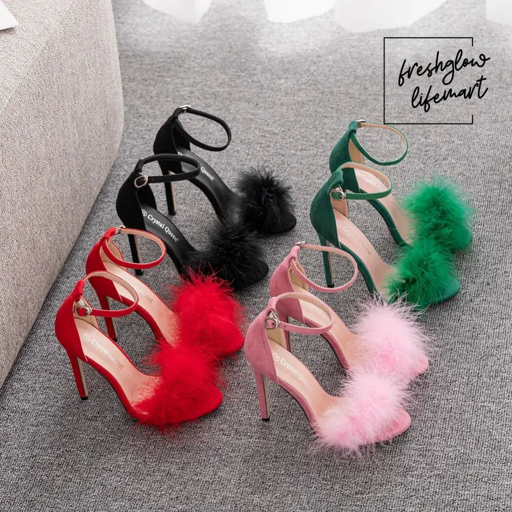 Fluffy Peep Toe Stilettos with Fur Feather