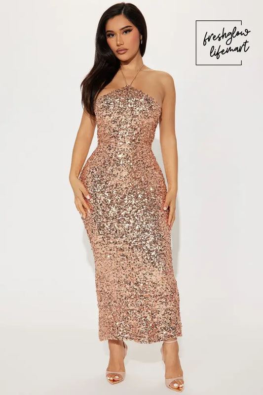 Gold Sequin Slip Dress Dresses