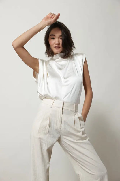 SATIN MOCK NECK BLOUSE IVORY Tops