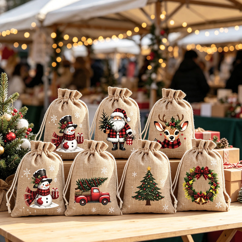 🎄Christmas Drawstring Gift Bags‑Santa & Reindeer Polyester Pouches 🎁