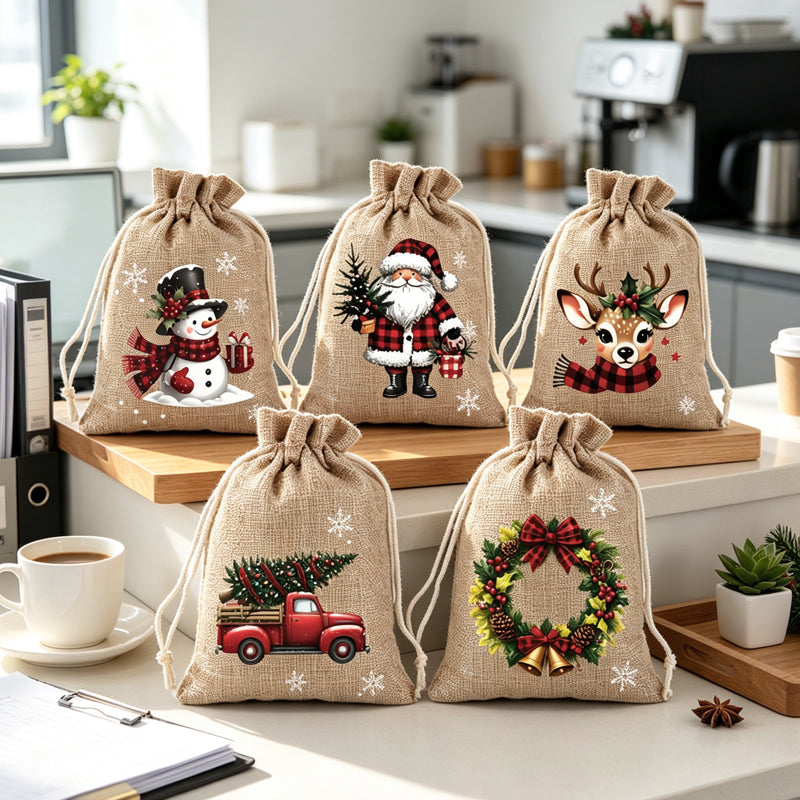 🎄Christmas Drawstring Gift Bags‑Santa & Reindeer Polyester Pouches 🎁